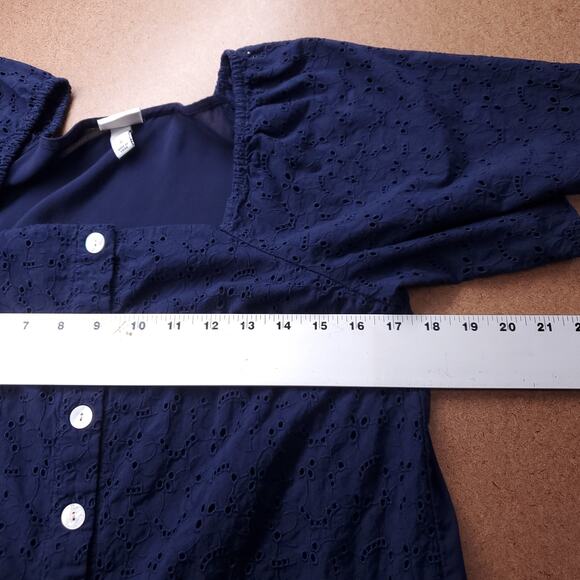 A New Day Eyelet Blouse Top Sz S Navy Button Down Short Sleeve Cottage Coquette - Picture 7 of 8